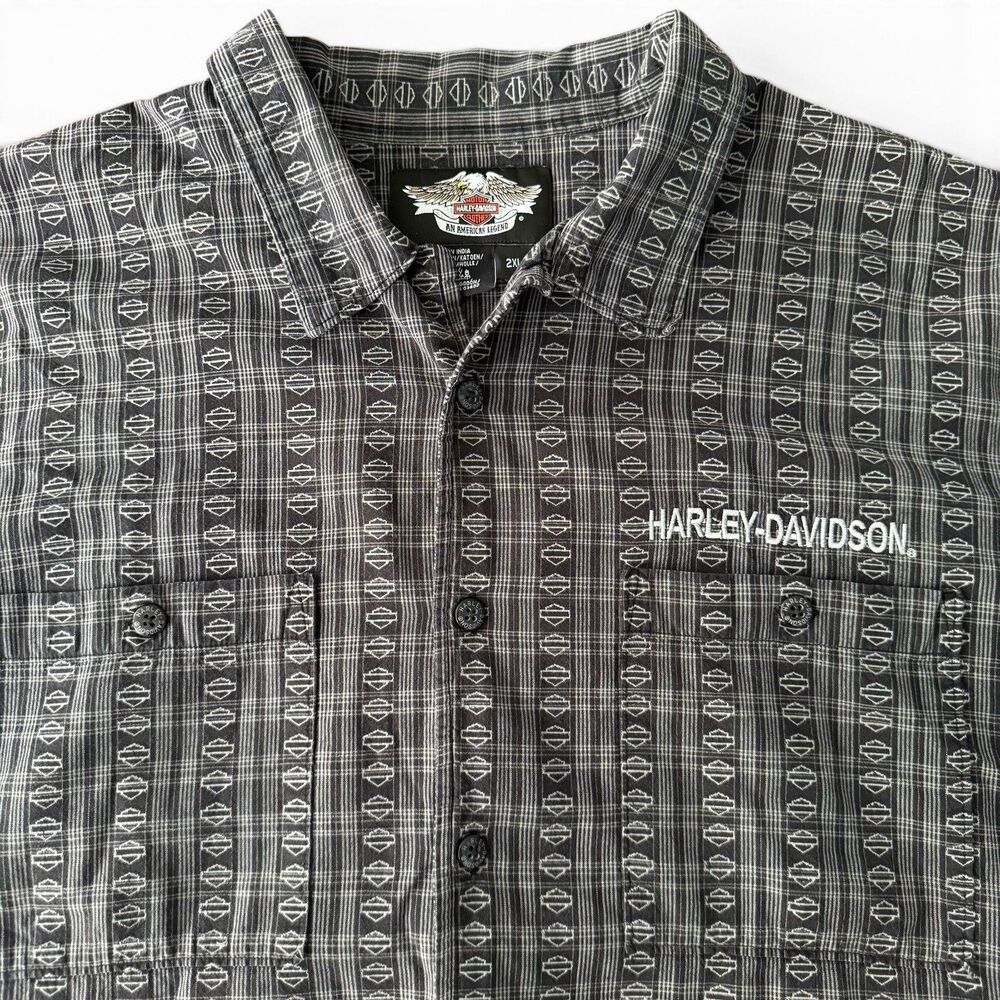 Harley Davidson Shirt Men 2XL Gray Black AOP Biker Jacquard Shield Motorcycle